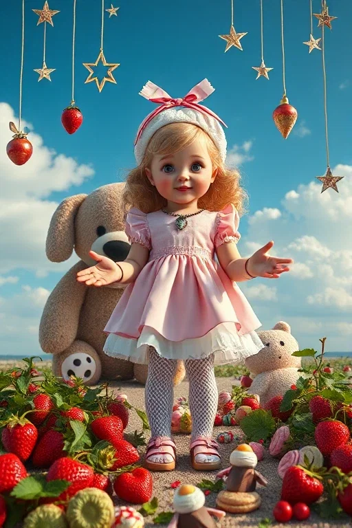 a young girl in victorian dress surrounded by sweets