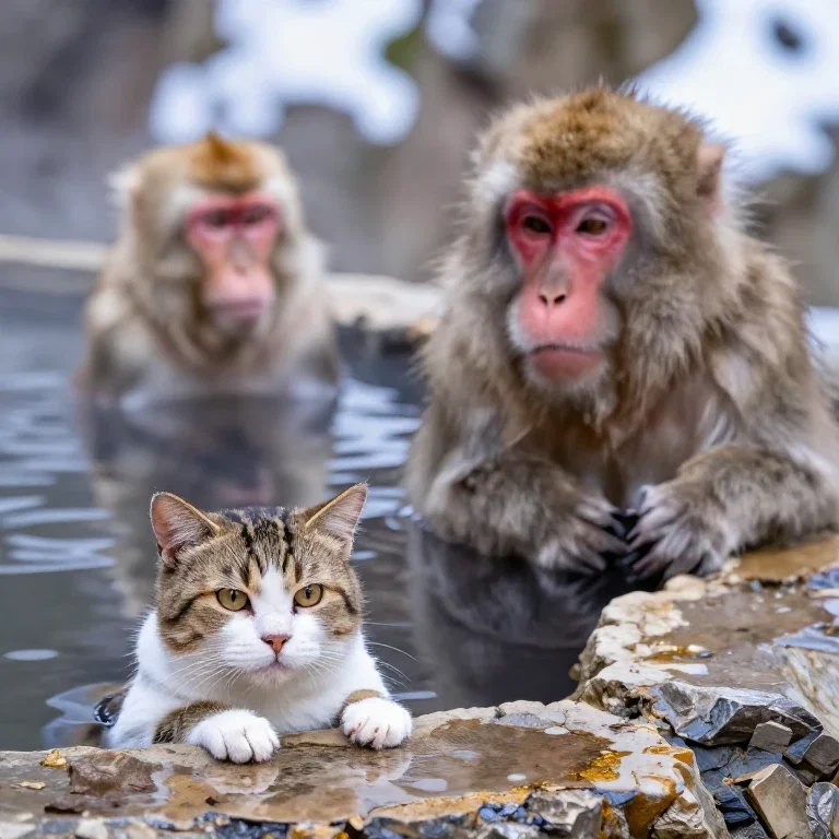 cat and monkey soaking in hot spring