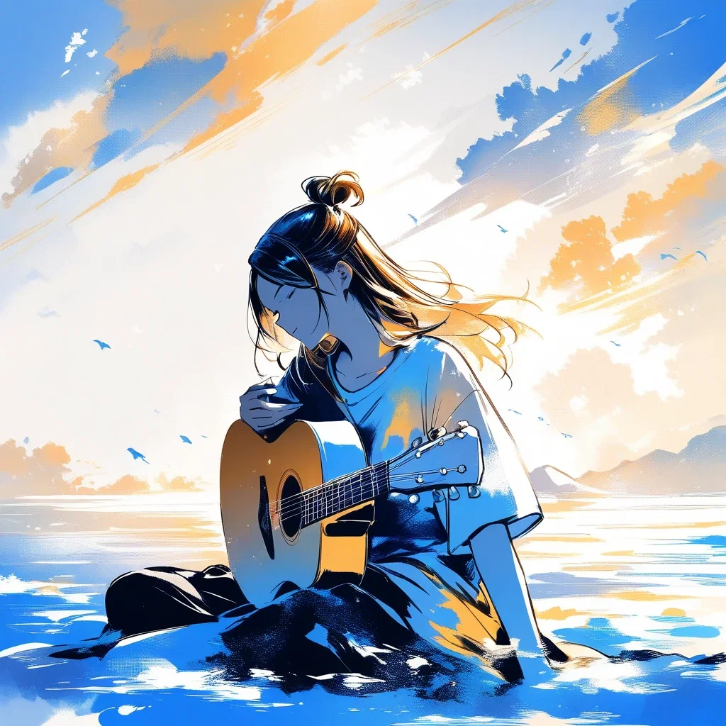 shy girl playing acoustic guitar