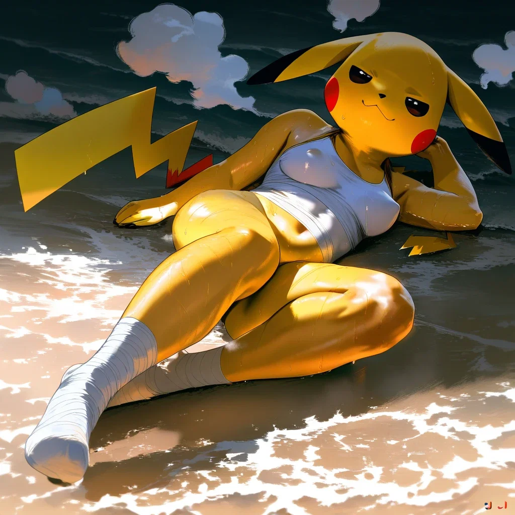 pikachu sleeping on beach
