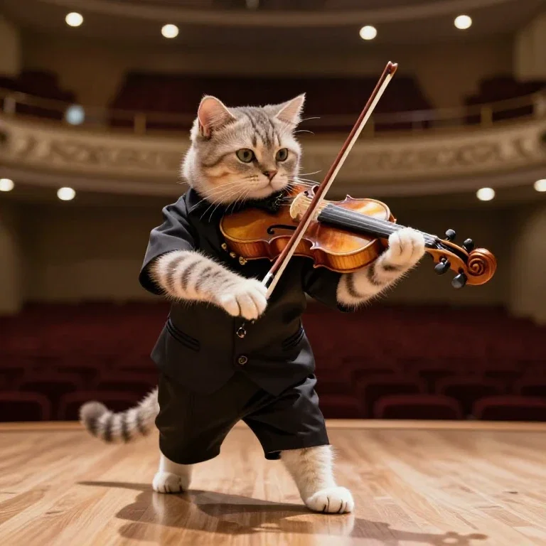 cat wearing clothes playing violin