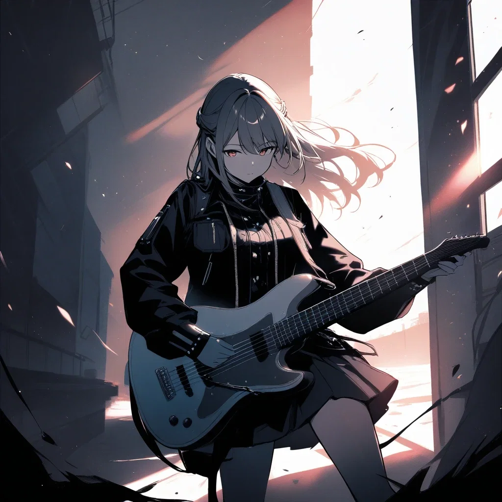 shy girl in punk suit playing guitar