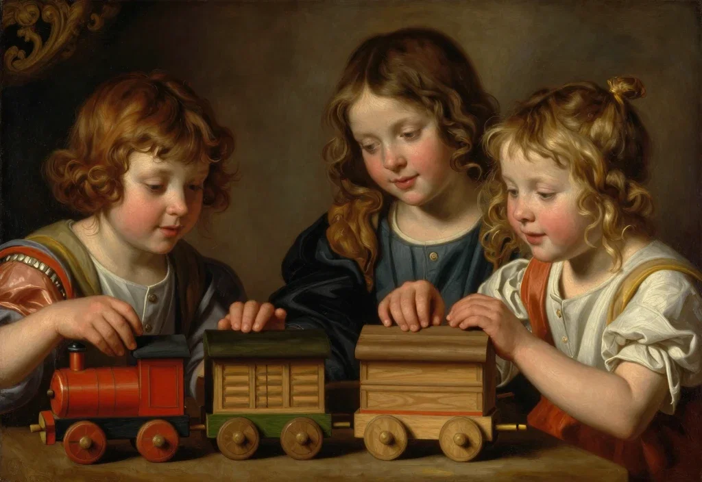 renaissance children playing with train