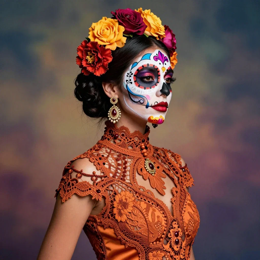 day of the dead woman with floral hair