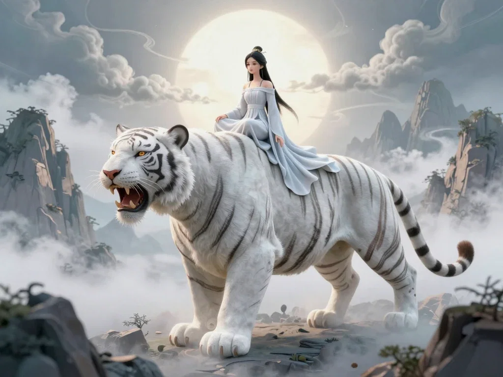 fantasy white tiger with fairy