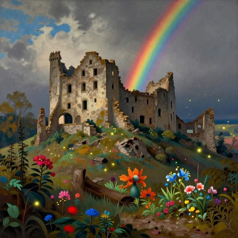 old abandoned castle rainbow