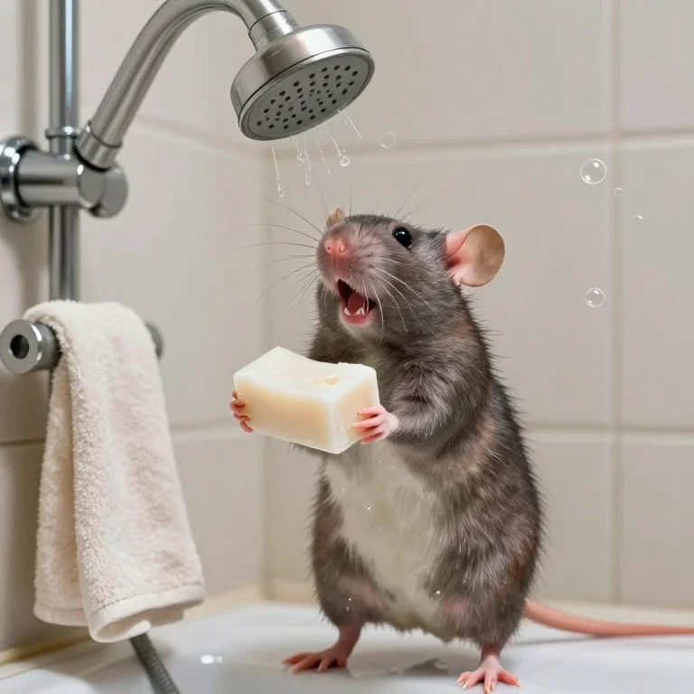 rat singing under showerhead