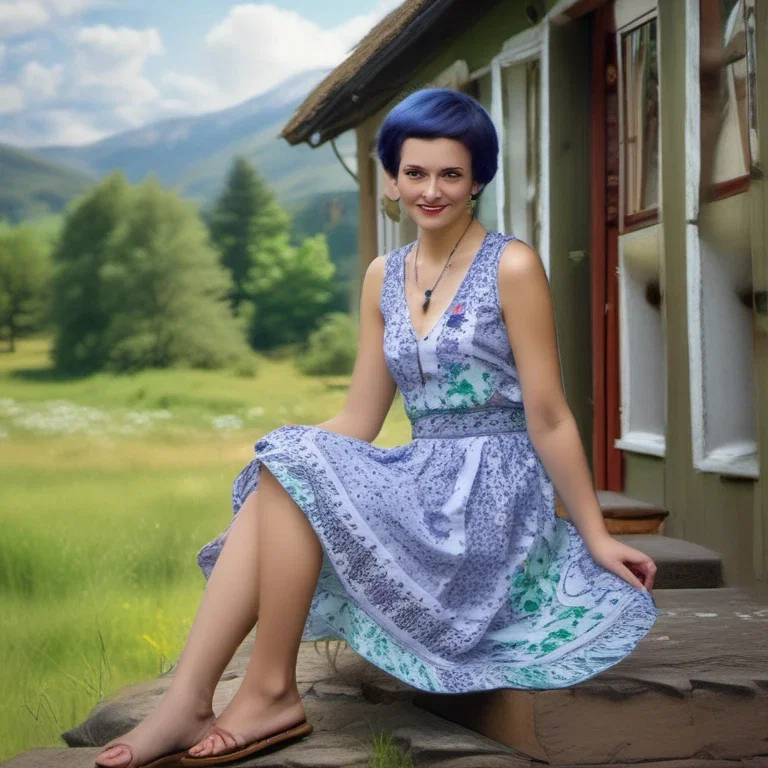 woman pushing hair back at cottage