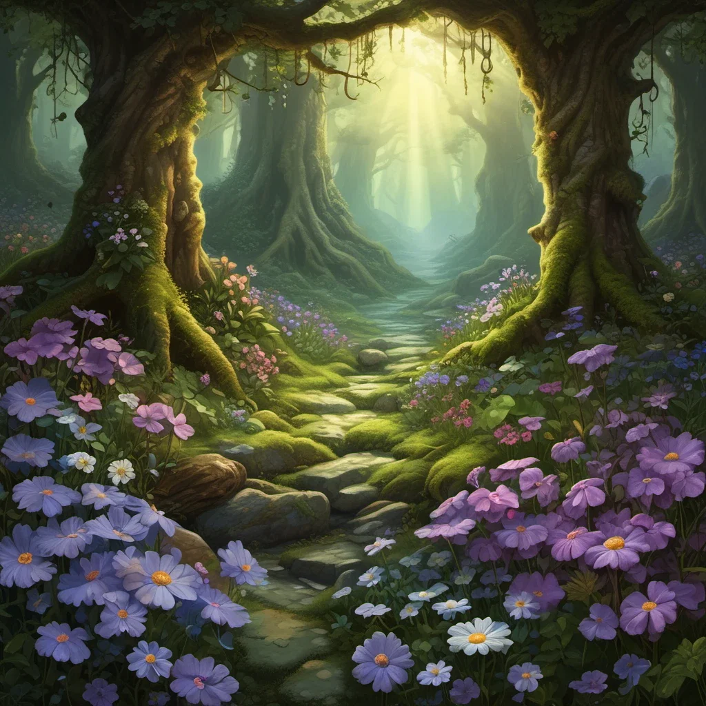 fantasy flowers moss stones