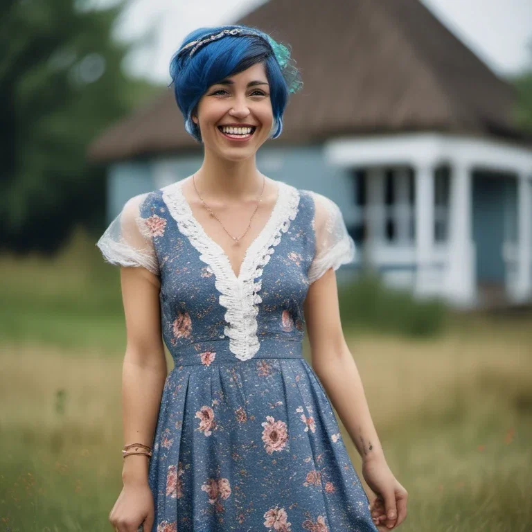 woman smiling blue bob in floral dress