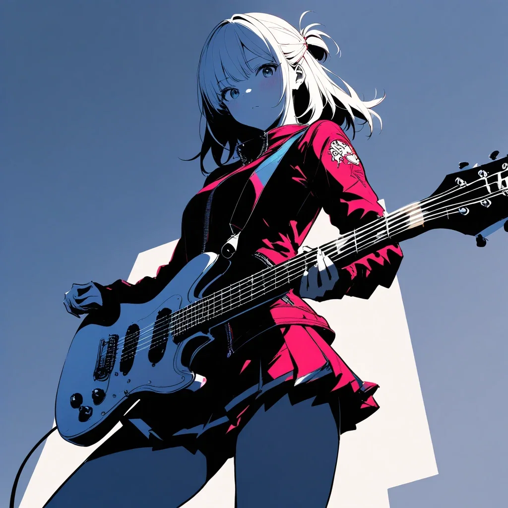 shy girl playing guitar intensely