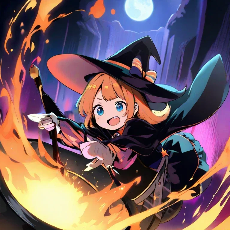 little witch stirring large cauldron