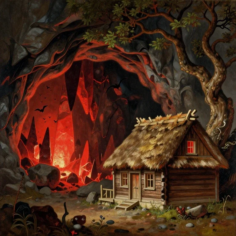 glowing cave wooden cottage timber framing
