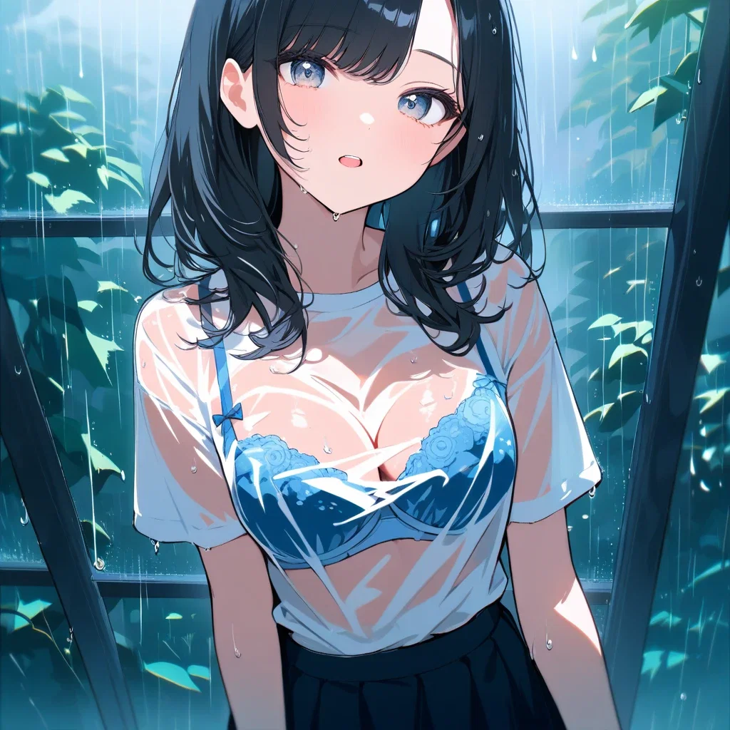 beautiful girl with black hair in rain