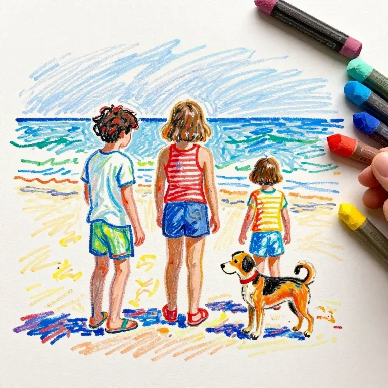 mid century pastel beach children dog