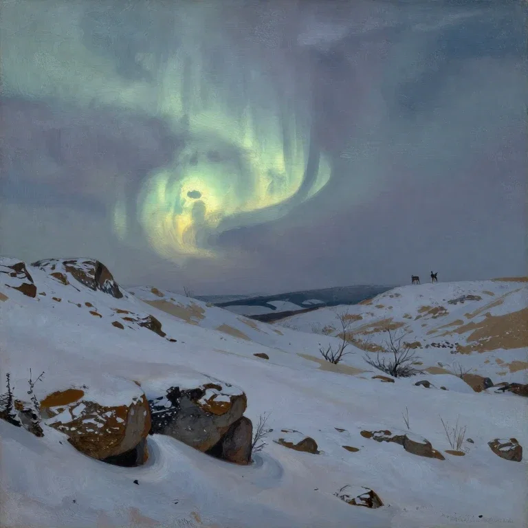 bleak snowy landscape with deer