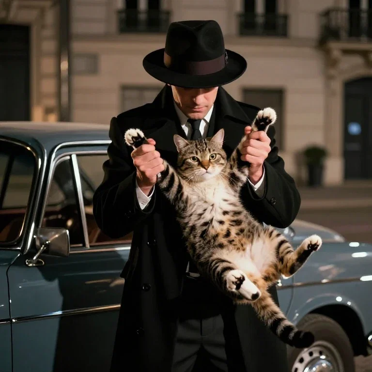 gangster parody holds cat like gun