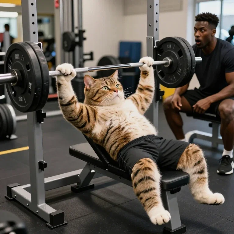 muscular cat bench pressing in gym