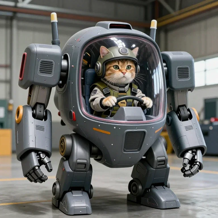 cat in cat themed giant robot cockpit