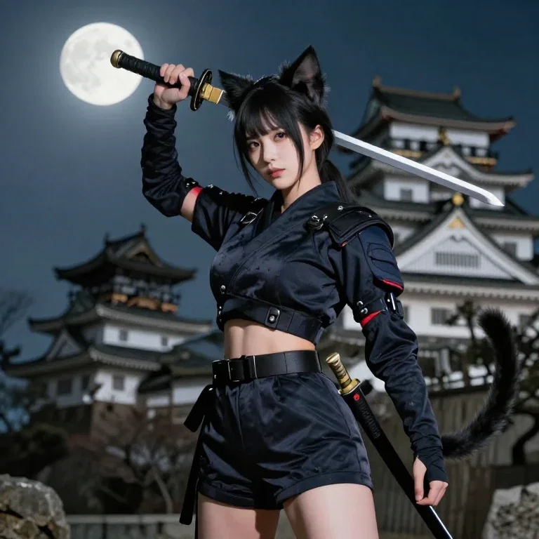 female ninja with sword under moonlight