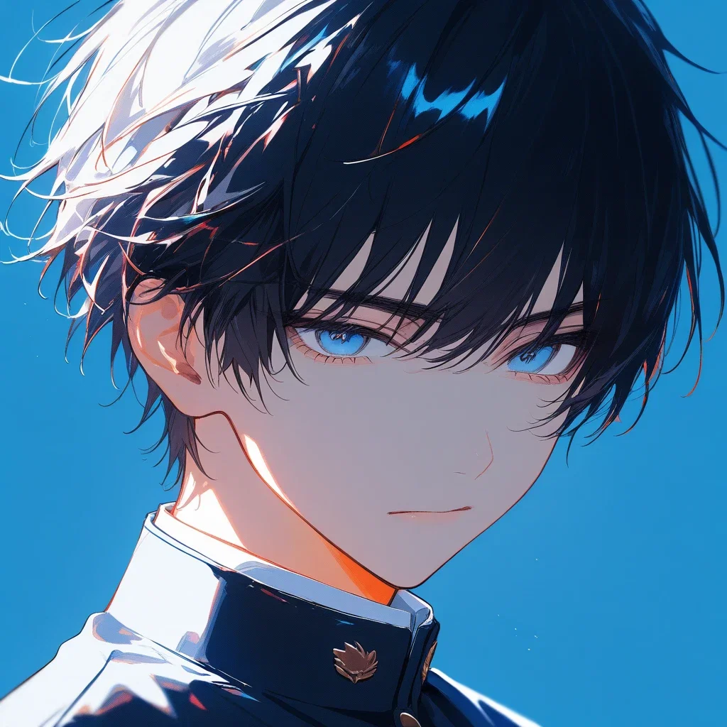 anime boy cold expression blue background