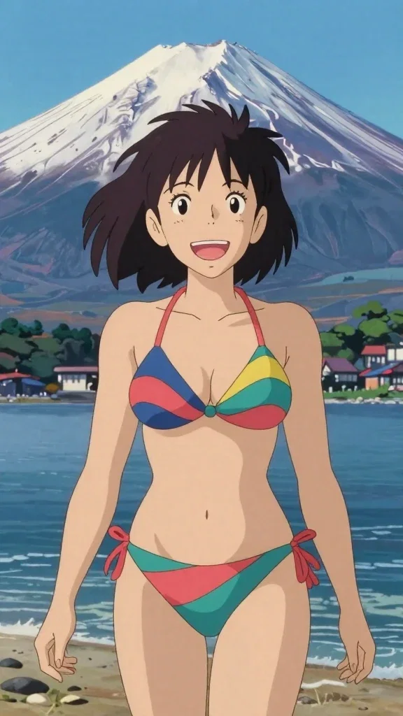 girl in bikini at beach with mt fuji