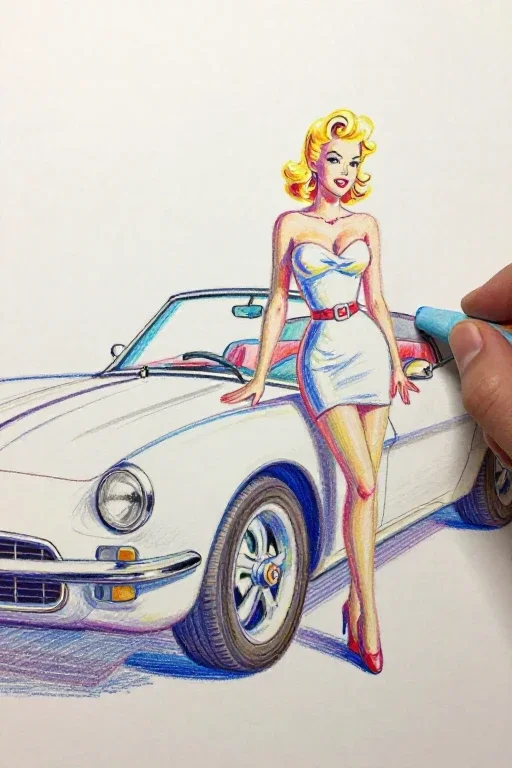 mid century pin up girl corvette art