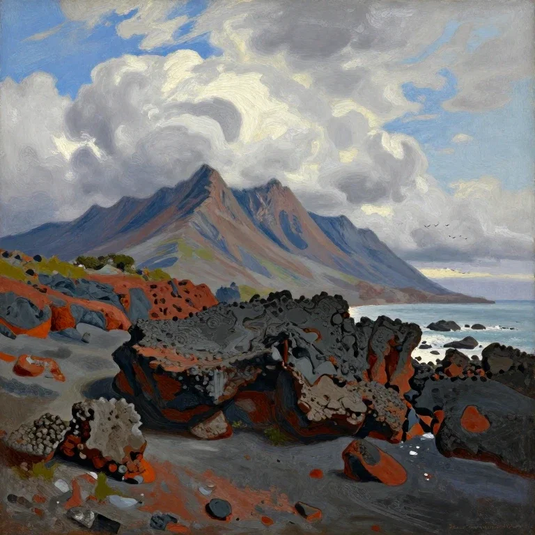 19th century painting rough volcanic coast