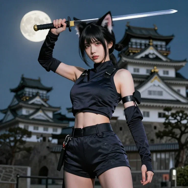 cat eared ninja sword moonlight castle