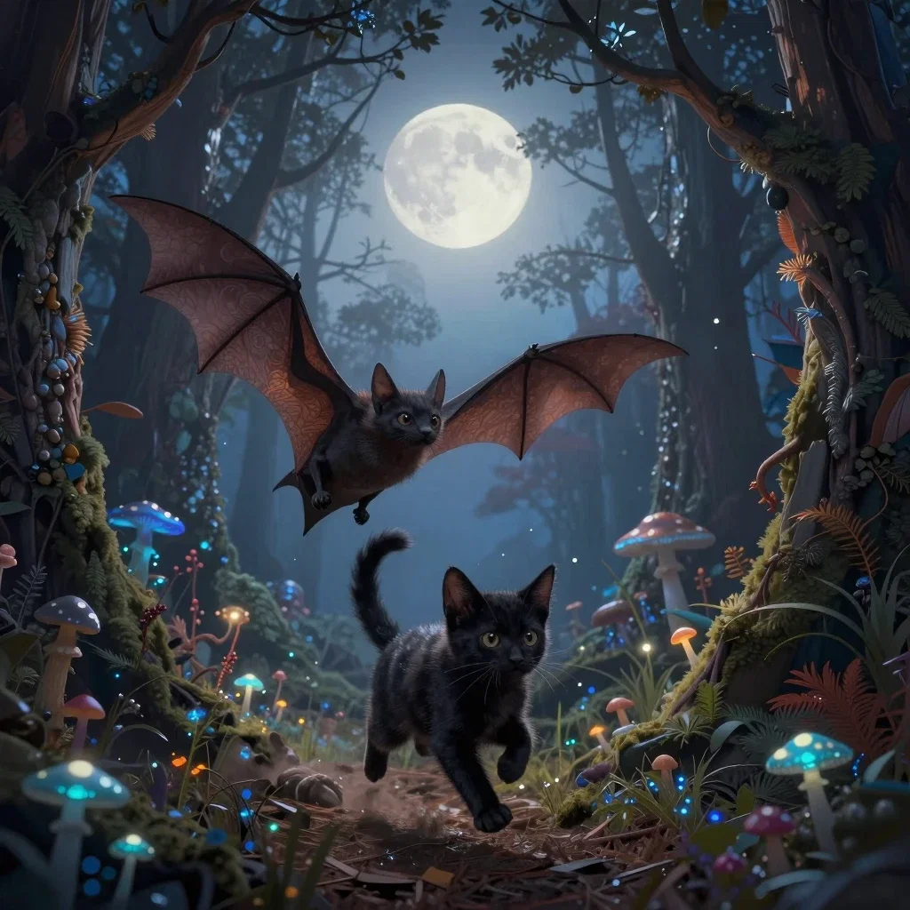 コウモリと子猫の月夜の散歩