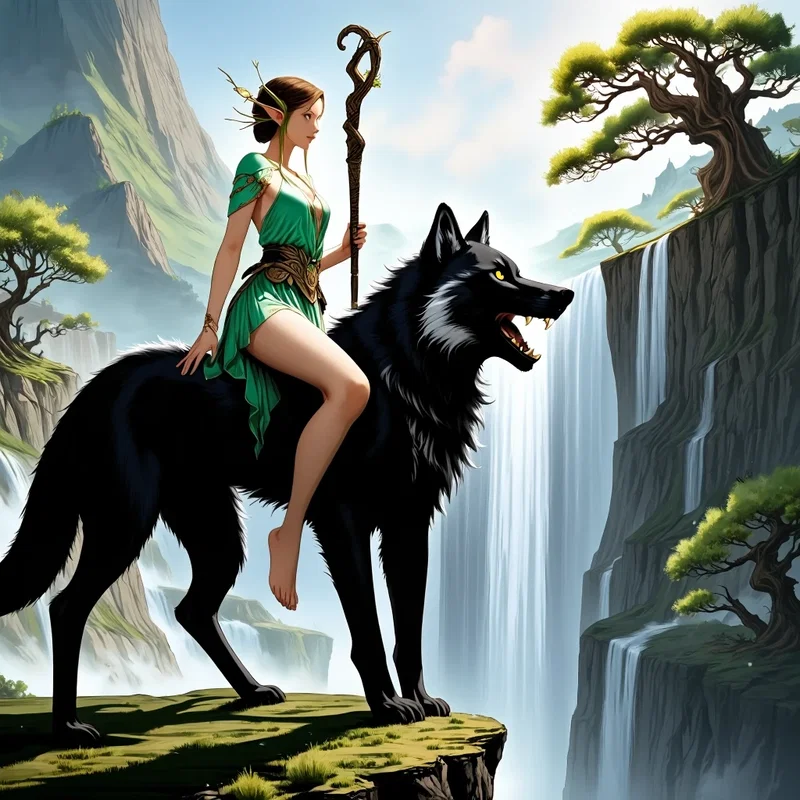 Une Elfe Sylvestre sur son Loup Ebène