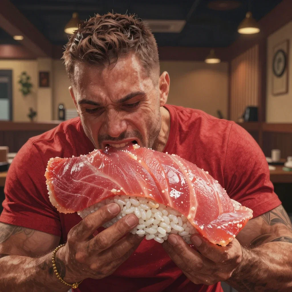 巨大な大トロ寿司を食べる外国人フードファイター