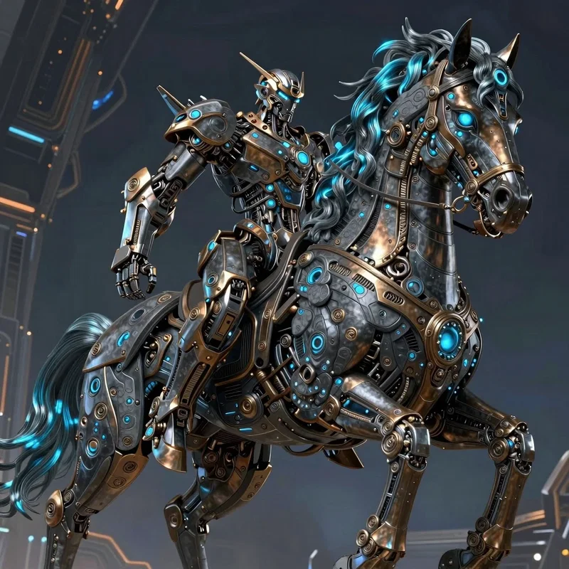 Cheval Mécanique avec sont Cavalier Androïde