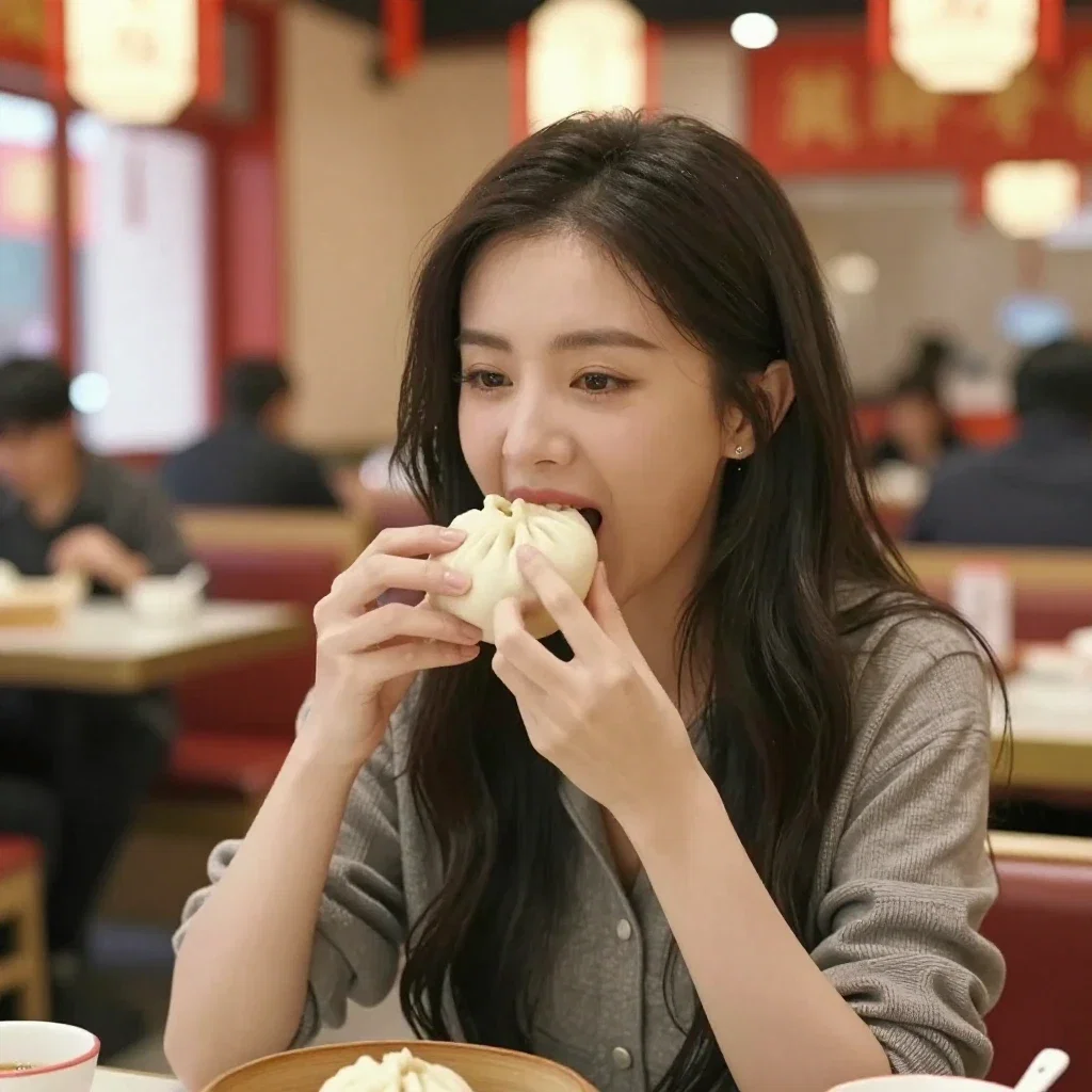 中華まんを食べる中国人女性
