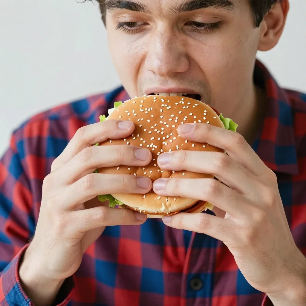 ハンバーガーを食べる若い男性
