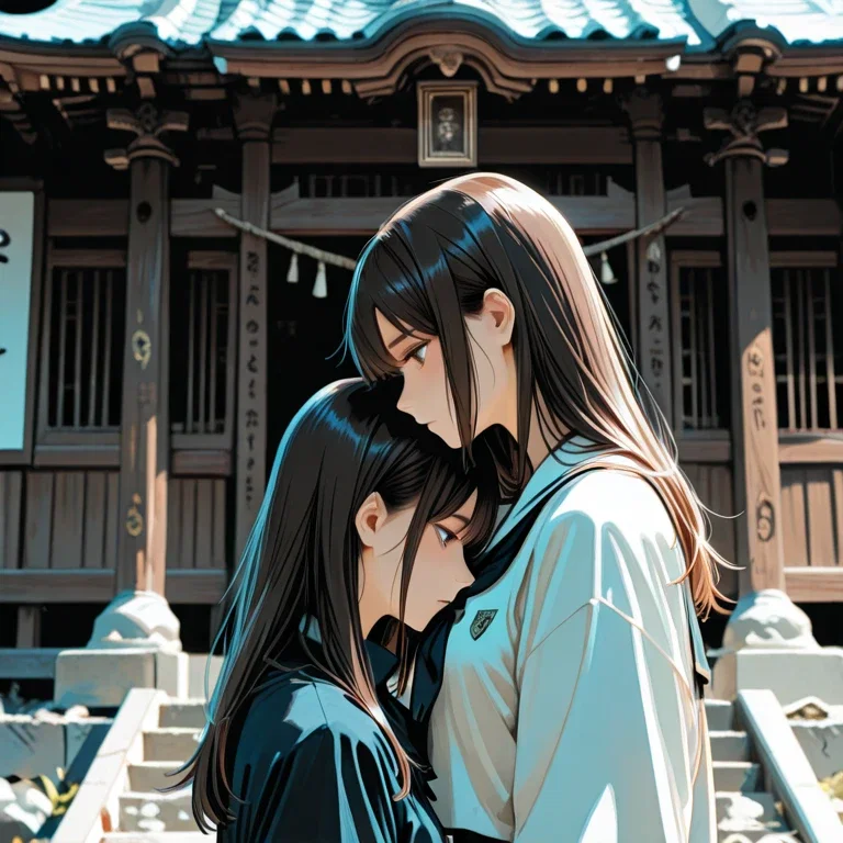 神社の前で身を寄せ合う女の子
