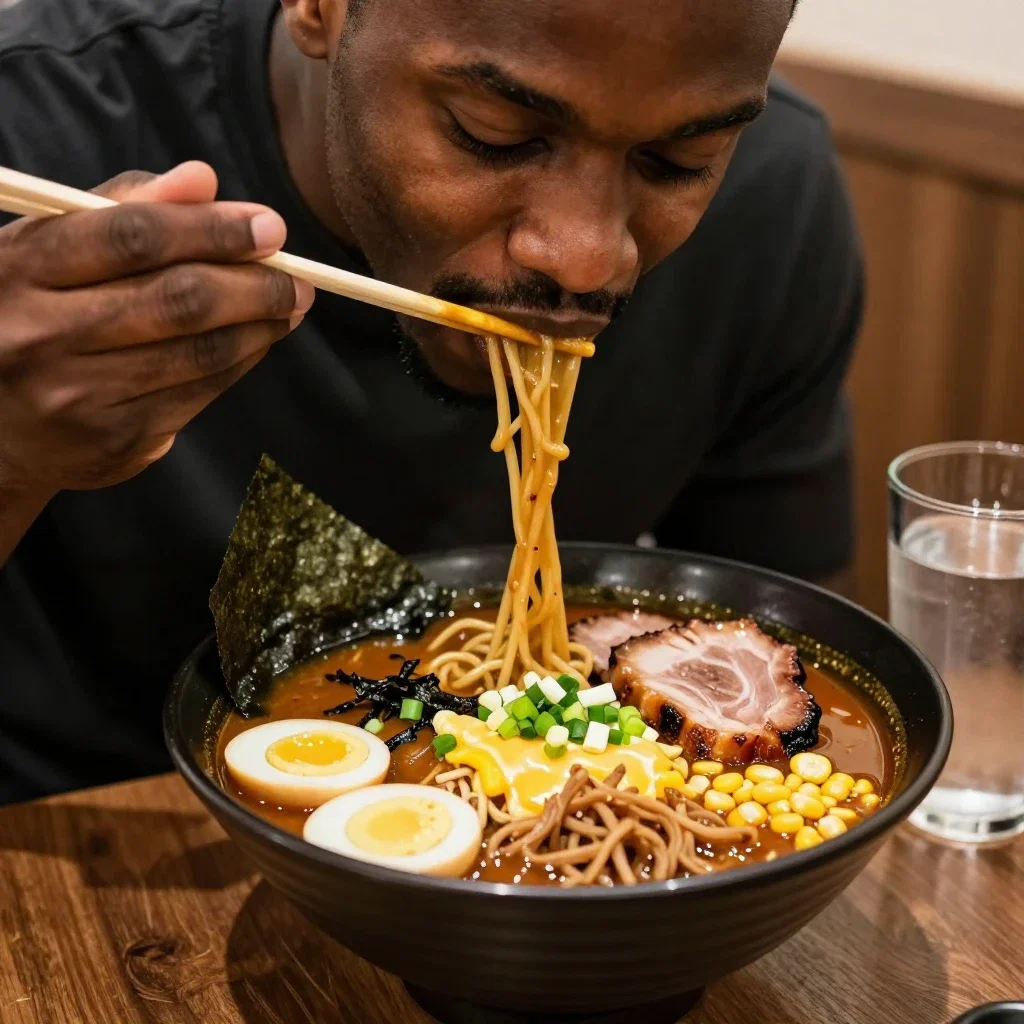 カレーラーメンを食べる黒人男性