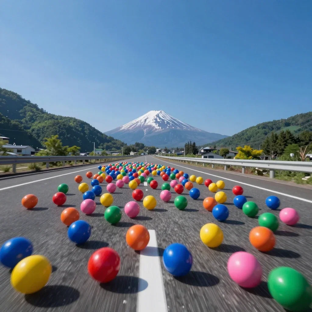 高速道路を転がるスーパーボールと富士山
