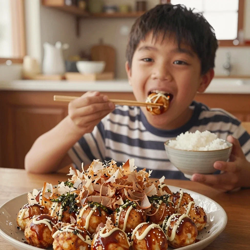 ご飯と一緒にたこ焼きを食べる男の子