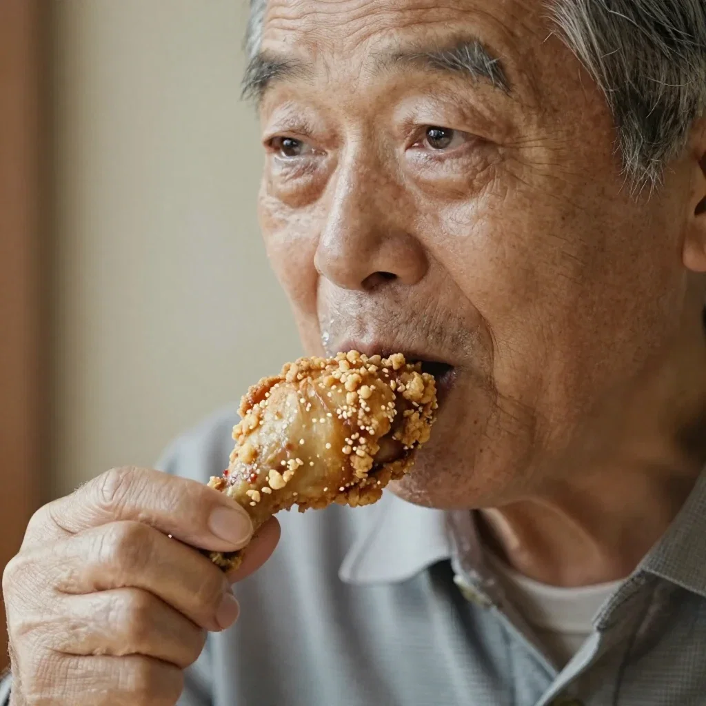フライドチキンを食べるおじいちゃん