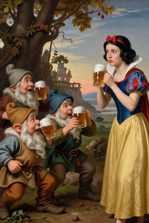 ビールを飲むドワーフたちと白雪姫
