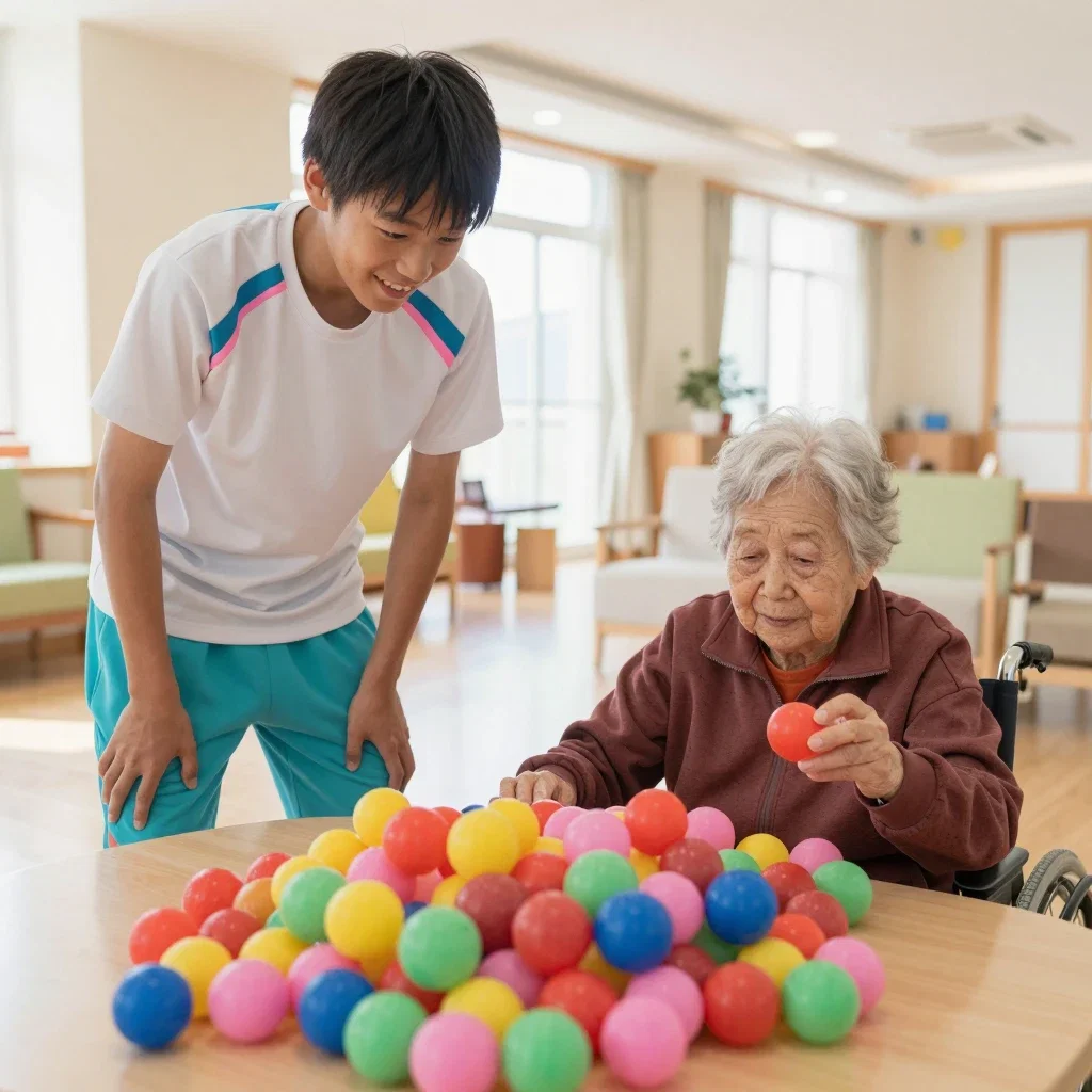 職場体験中の男子高校生とスーパーボールを選ぶおばあちゃん