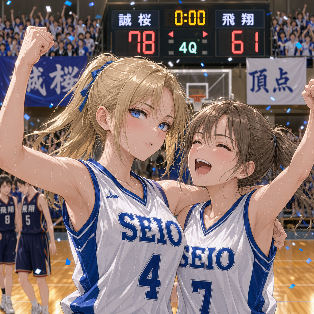 勝利に歓喜する女子バスケ部員の女の子