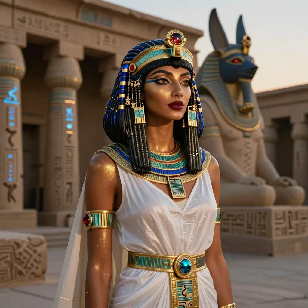 A stunning Egyptian goddess standing before a sandstone temple
