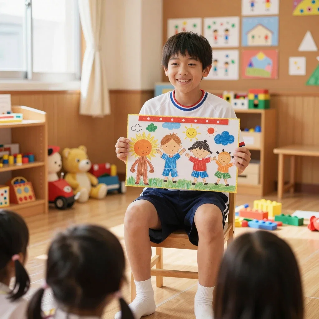 紙芝居を読み聞かせる男子高校生