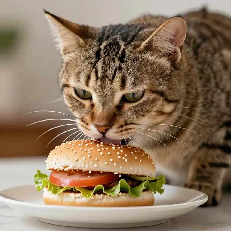 ハンバーガーを食べる猫。