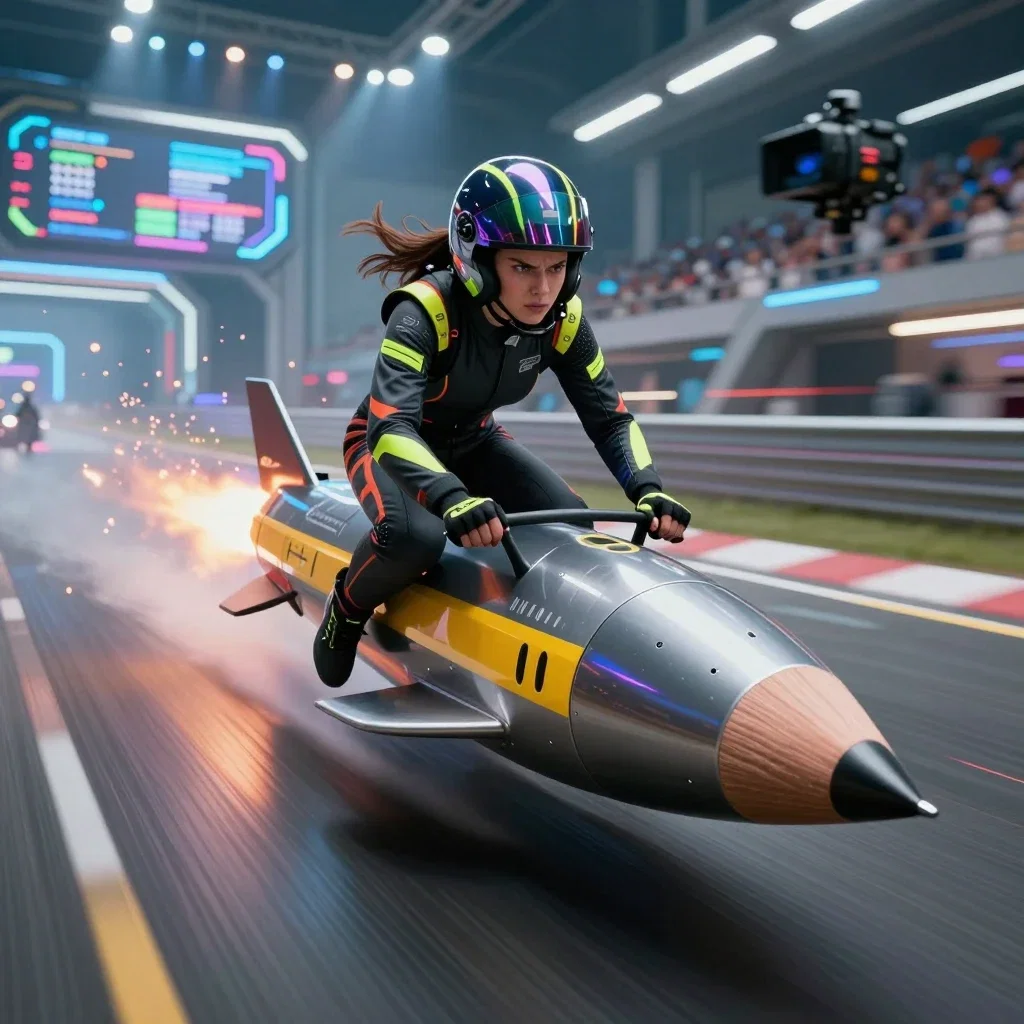 A fierce, determined female racer speeding down a futuristic racetrack