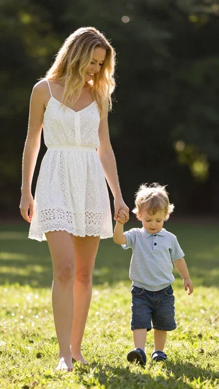 Une maman européenne avec des longs cheveux blonds tient son petit garçon par la main.
