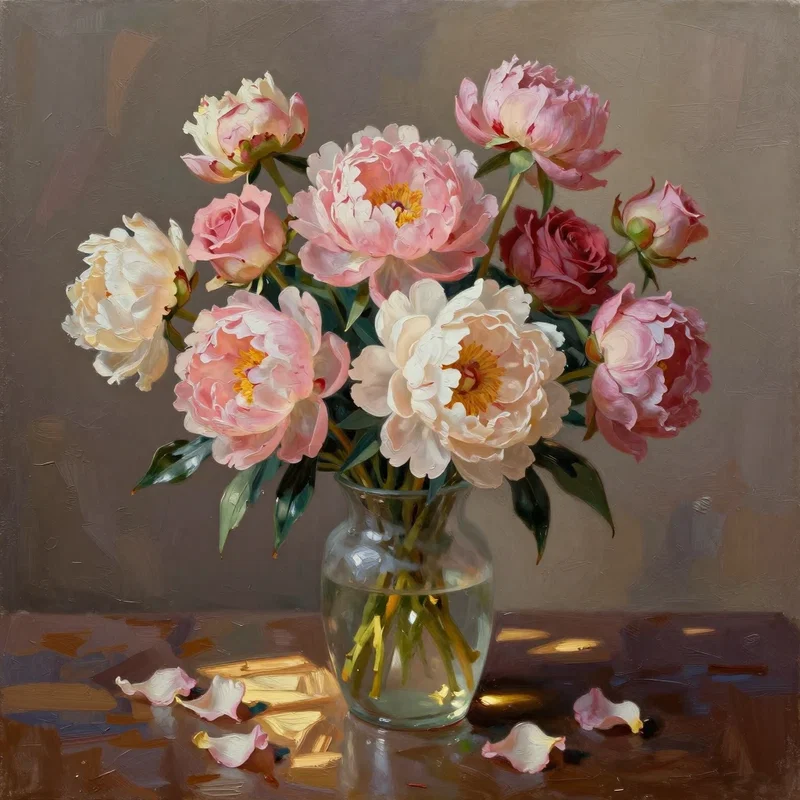 Roses et Pivoines en Peinture à l'Huile