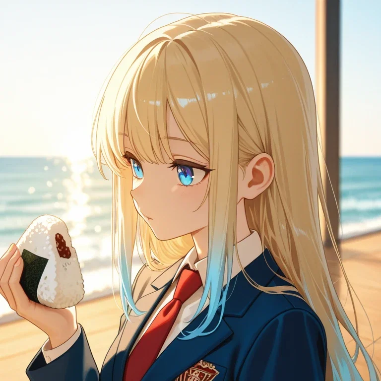 海辺でおにぎりを食べる女の子